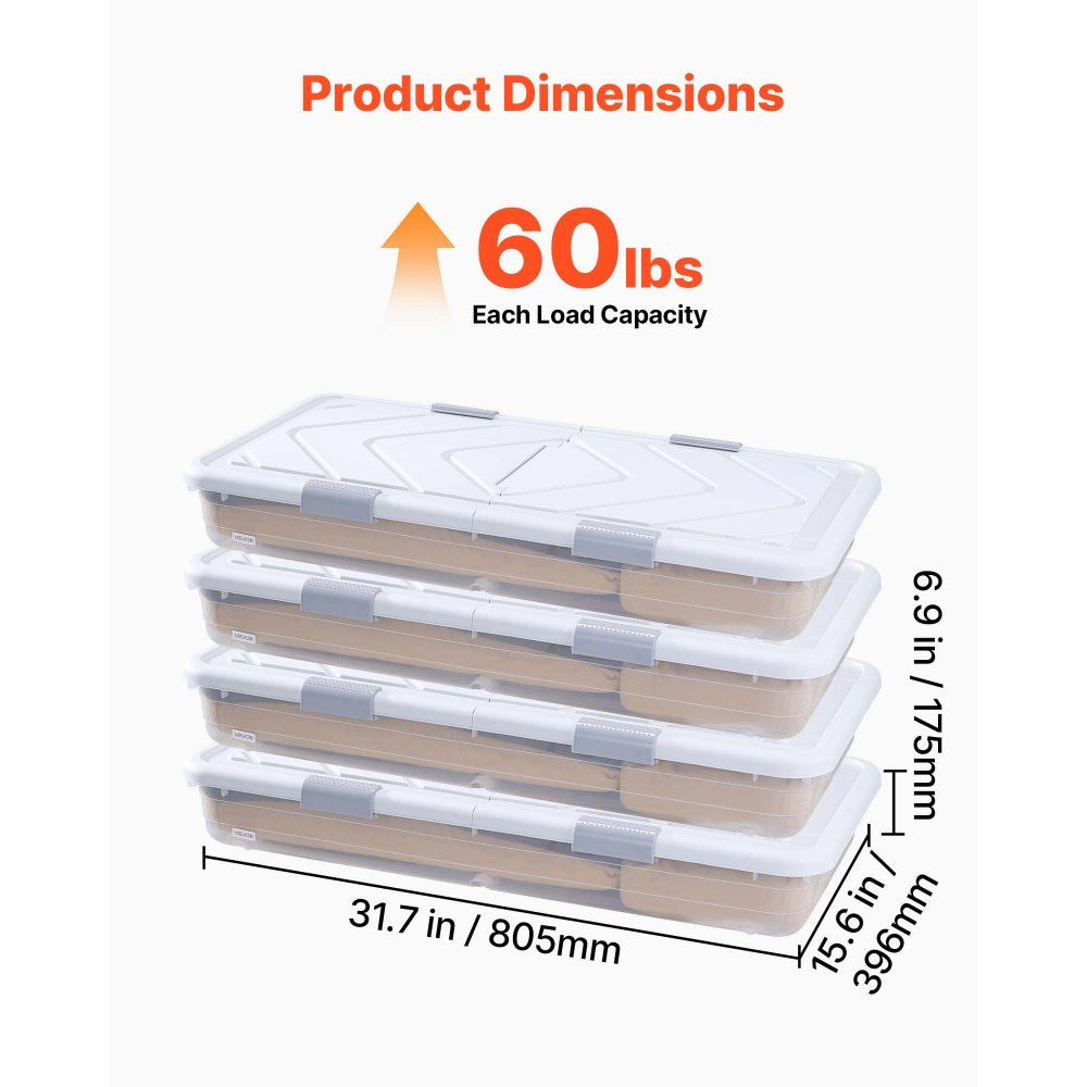 VEVOR Under Bed Storage with Wheels, 31.7 x 15.6 x 6.9 inch Underbed Containers, Underbed Shoes Organizer with Lid &