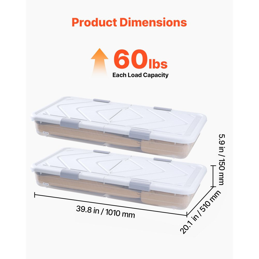 VEVOR Under Bed Storage with Wheels, 39.8 x 20.1 x 5.9 inch Underbed Containers, Underbed Shoes Organizer with Lid &