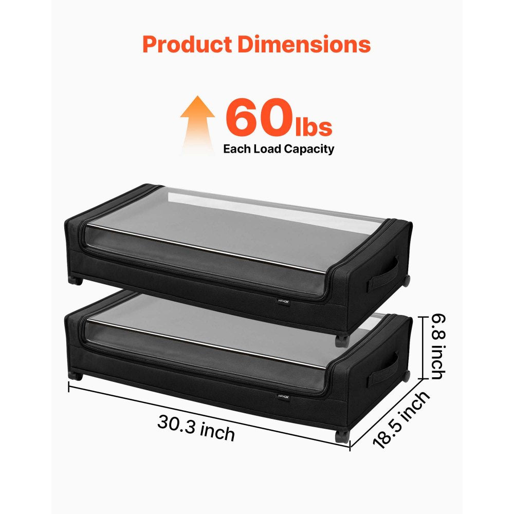 VEVOR Under Bed Storage with Wheels, 30.3 x 18.5 x 6.8 inch, Underbed Containers with Clear Lid, Underbed Shoe
