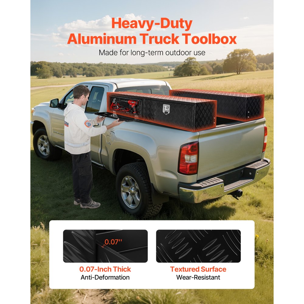 VEVOR Truck Tool Box, 72 x 13 x 16 Inch, Black Aluminum Tread Topsider Toolbox with Dual Drop Doors, Heavy Duty