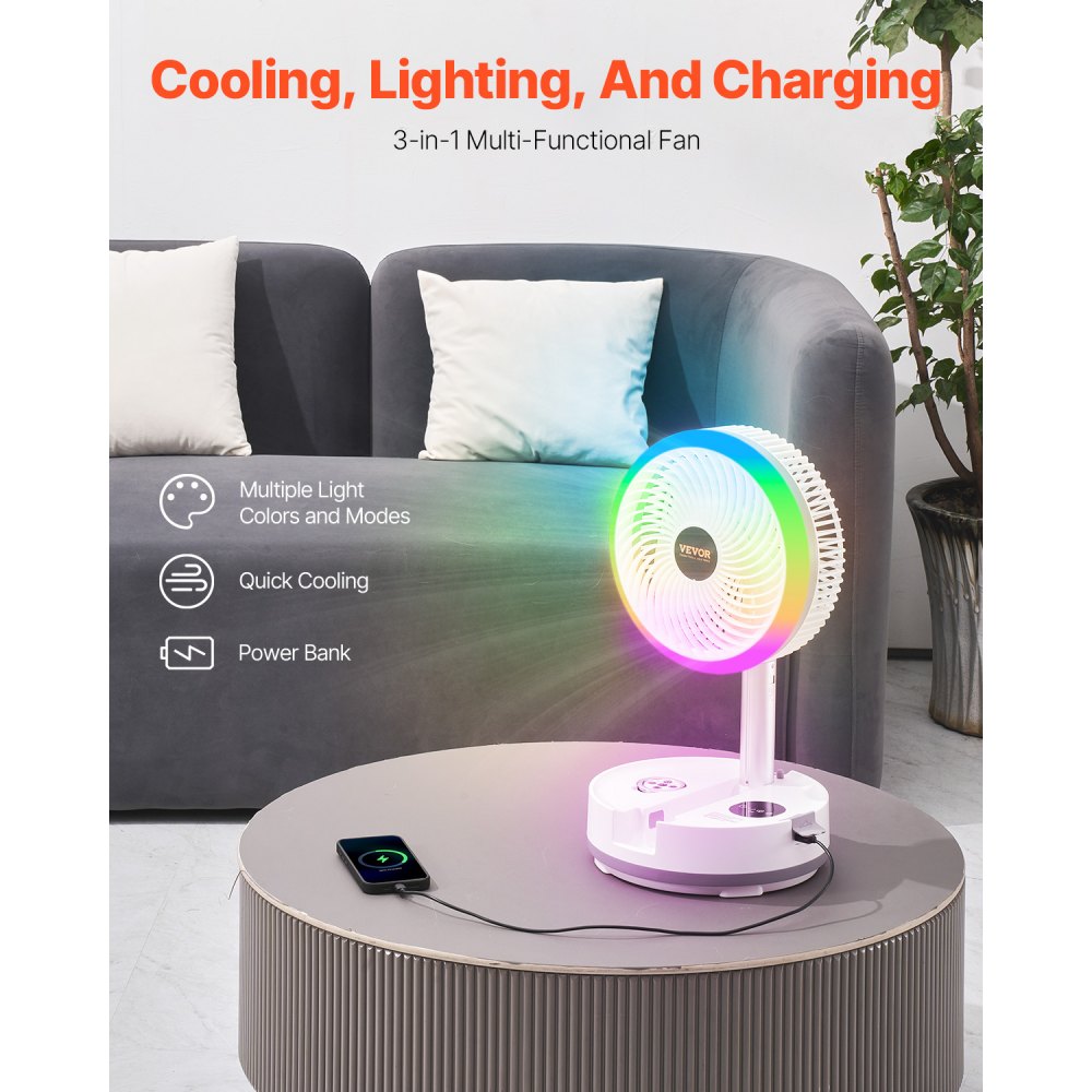 VEVOR 10 inch Portable Foldable Rechargeable Oscillating Fan, 3-in-1 Battery Operated with Remote Control, Quiet