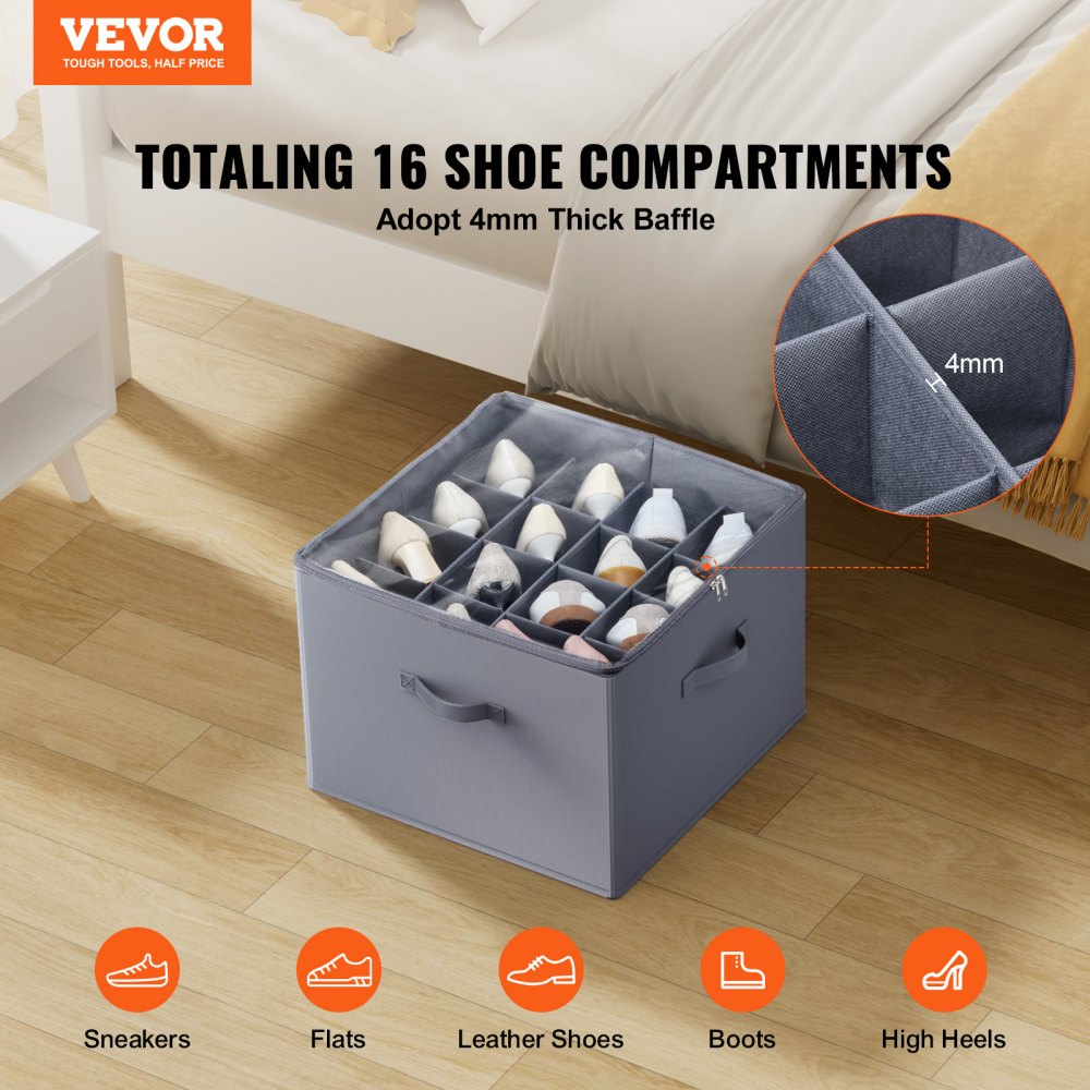 VEVOR Under Bed Shoe Storage Organizer, 1 Pack, 16 Compartments, Underbed Shoe Box Storage Containers Adjustable