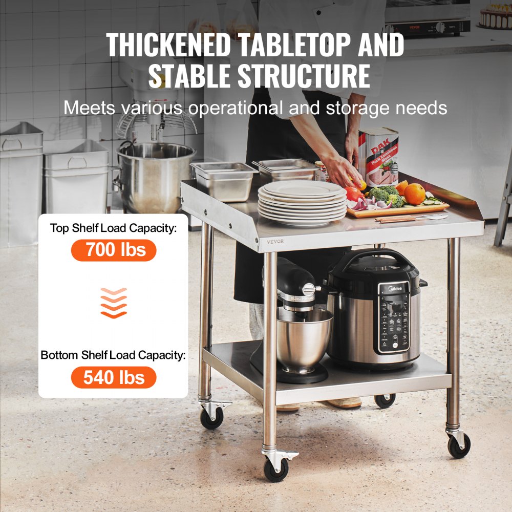 VEVOR Stainless Steel Work Table, 24 x 28 x 30 Inch Commercial Food Prep Worktable with 4 Wheels, Casters, 3-Sided