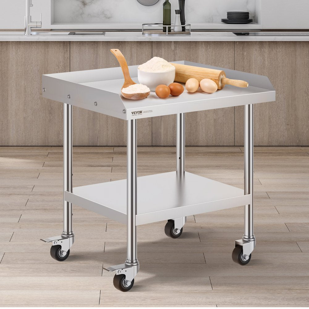 VEVOR Stainless Steel Work Table, 24 x 28 x 30 Inch Commercial Food Prep Worktable with 4 Wheels, Casters, 3-Sided