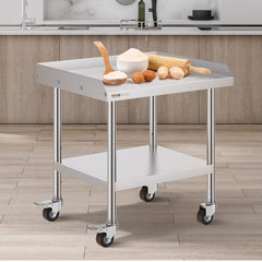 VEVOR Stainless Steel Work Table, 24 x 28 x 30 Inch Commercial Food Prep Worktable with 4 Wheels, Casters, 3-Sided