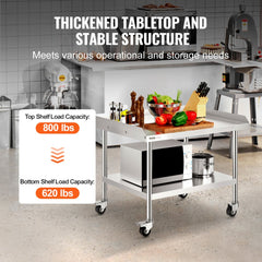 VEVOR Stainless Steel Work Table, 30 x 36 x 30 Inch Commercial Food Prep Worktable with 4 Wheels, Casters, 3-Sided
