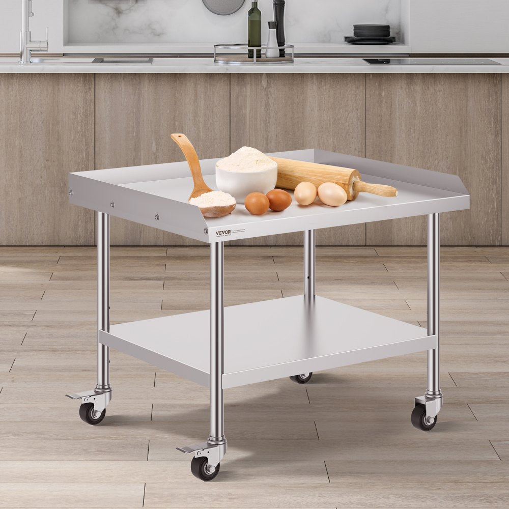 VEVOR Stainless Steel Work Table, 30 x 36 x 30 Inch Commercial Food Prep Worktable with 4 Wheels, Casters, 3-Sided