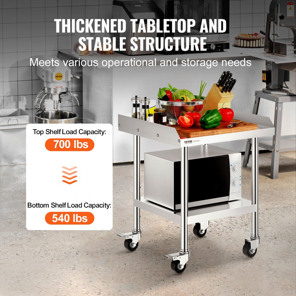 VEVOR Stainless Steel Work Table, 24 x 24 x 30 Inch Commercial Food Prep Worktable with 4 Wheels, Casters, 3-Sided