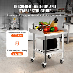 VEVOR Stainless Steel Work Table, 24 x 24 x 30 Inch Commercial Food Prep Worktable with 4 Wheels, Casters, 3-Sided
