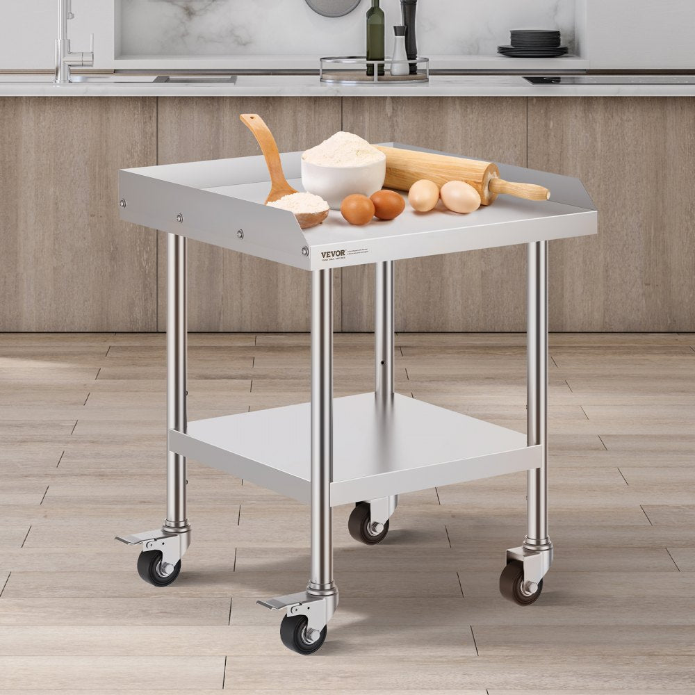 VEVOR Stainless Steel Work Table, 24 x 24 x 30 Inch Commercial Food Prep Worktable with 4 Wheels, Casters, 3-Sided
