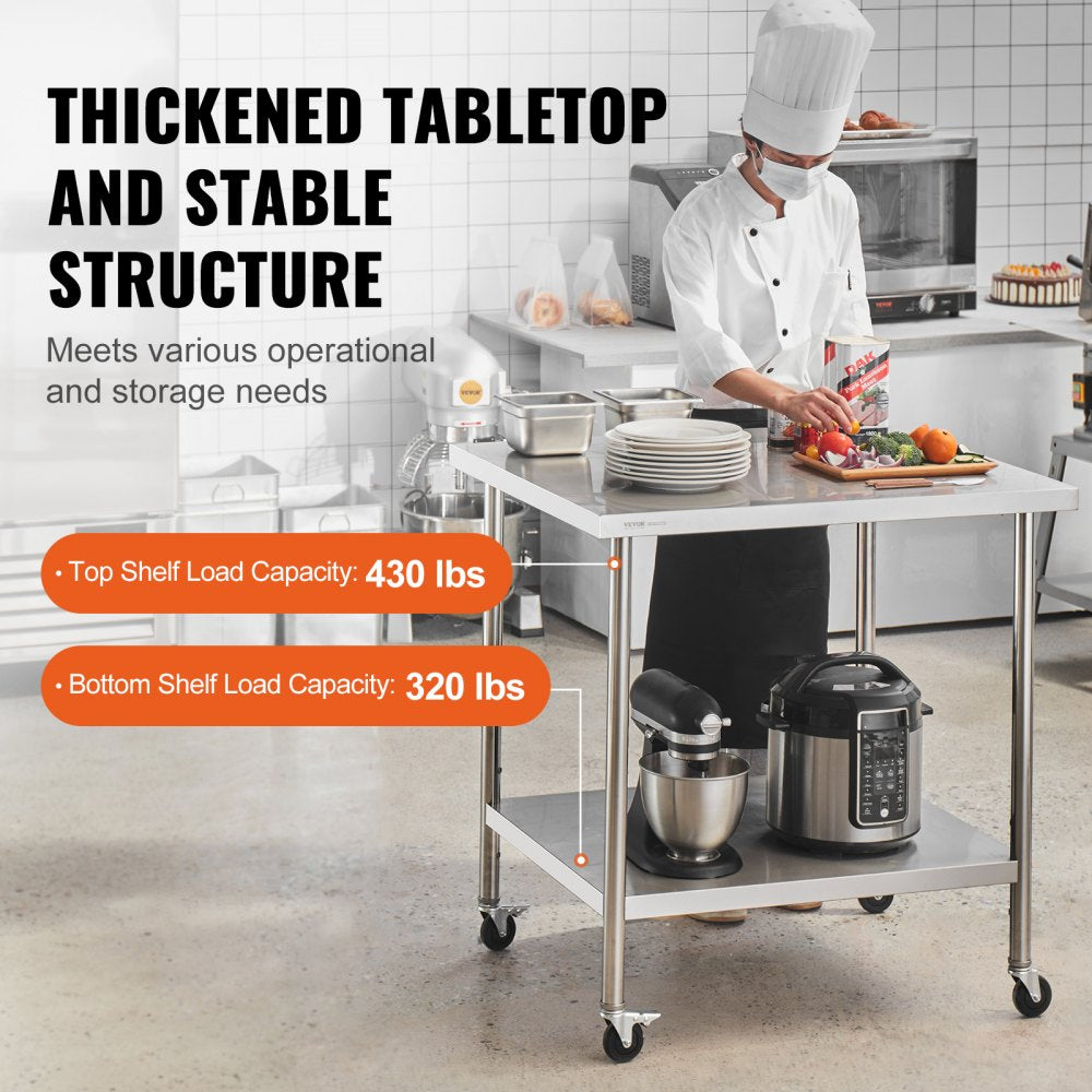 VEVOR Stainless Steel Work Table 24 x 36 x 38 Inch, with 4 Wheels, 3 Adjustable Height Levels, Heavy Duty Food Prep