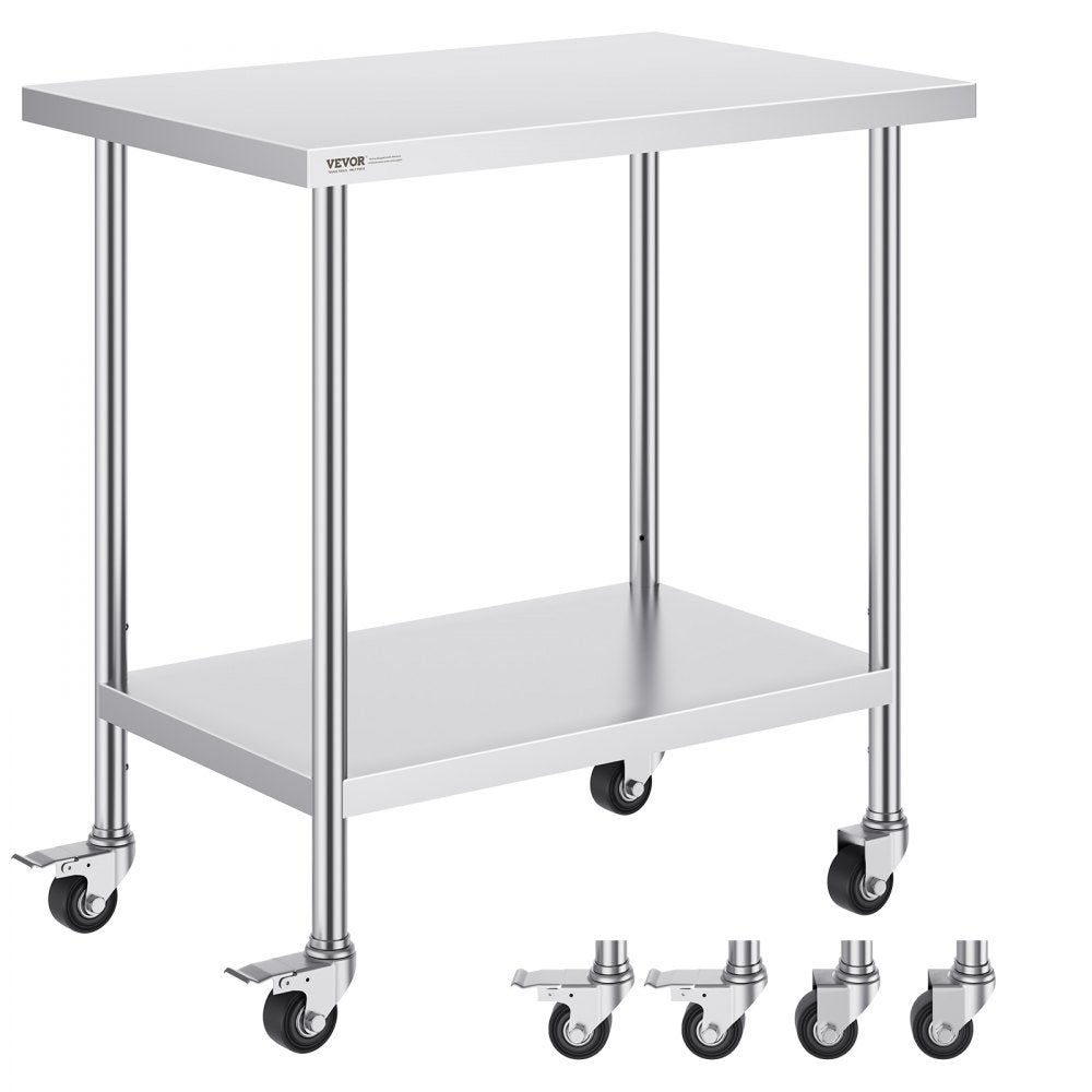 VEVOR Stainless Steel Work Table 24 x 36 x 38 Inch, with 4 Wheels, 3 Adjustable Height Levels, Heavy Duty Food Prep