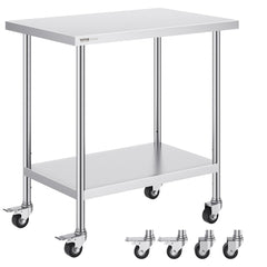VEVOR Stainless Steel Work Table 24 x 36 x 38 Inch, with 4 Wheels, 3 Adjustable Height Levels, Heavy Duty Food Prep