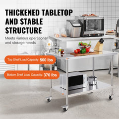 VEVOR Stainless Steel Work Table 30 x 48 x 38 Inch, with 4 Wheels, 3 Adjustable Height Levels, Heavy Duty Food Prep