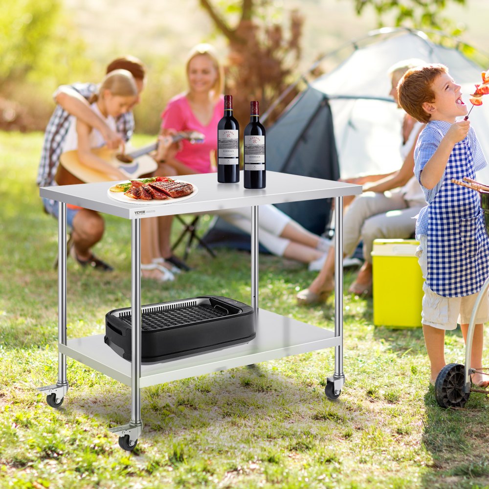 VEVOR Stainless Steel Work Table 30 x 48 x 38 Inch, with 4 Wheels, 3 Adjustable Height Levels, Heavy Duty Food Prep
