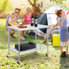 VEVOR Stainless Steel Work Table 30 x 48 x 38 Inch, with 4 Wheels, 3 Adjustable Height Levels, Heavy Duty Food Prep