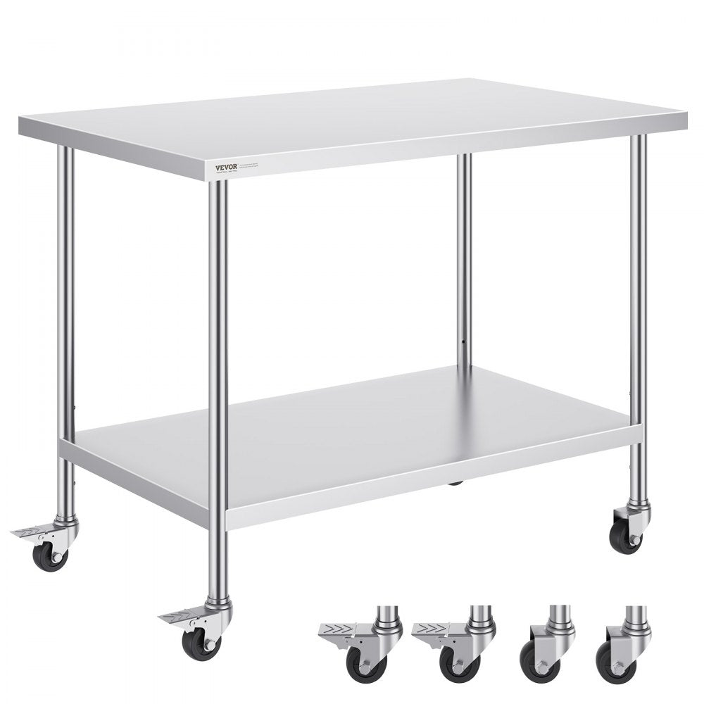 VEVOR Stainless Steel Work Table 30 x 48 x 38 Inch, with 4 Wheels, 3 Adjustable Height Levels, Heavy Duty Food Prep