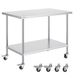VEVOR Stainless Steel Work Table 30 x 48 x 38 Inch, with 4 Wheels, 3 Adjustable Height Levels, Heavy Duty Food Prep