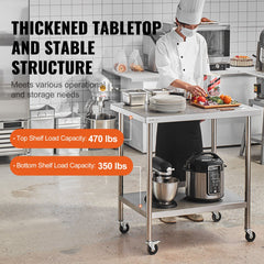 VEVOR Stainless Steel Work Table 30 x 18 x 38 Inch, with 4 Wheels, 3 Adjustable Height Levels, Heavy Duty Food Prep