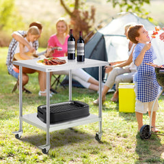VEVOR Stainless Steel Work Table 30 x 18 x 38 Inch, with 4 Wheels, 3 Adjustable Height Levels, Heavy Duty Food Prep