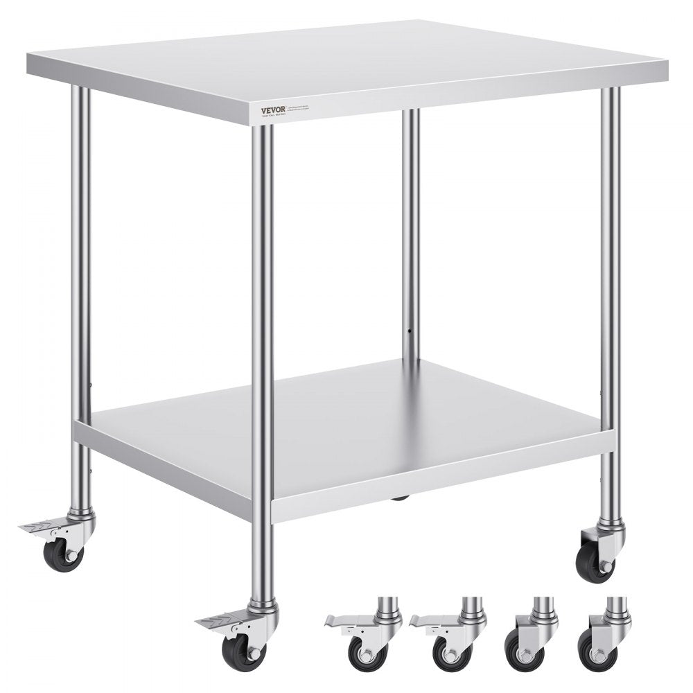 VEVOR Stainless Steel Work Table 30 x 18 x 38 Inch, with 4 Wheels, 3 Adjustable Height Levels, Heavy Duty Food Prep