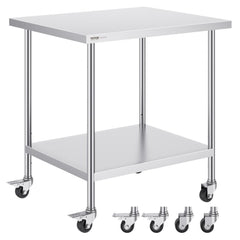 VEVOR Stainless Steel Work Table 30 x 18 x 38 Inch, with 4 Wheels, 3 Adjustable Height Levels, Heavy Duty Food Prep