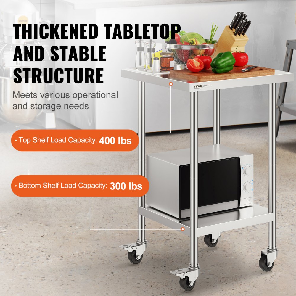 VEVOR Stainless Steel Work Table 24 x 24 x 38 Inch, 700 LBS Load Capacity with 4 Wheels, 3 Adjustable Height Levels