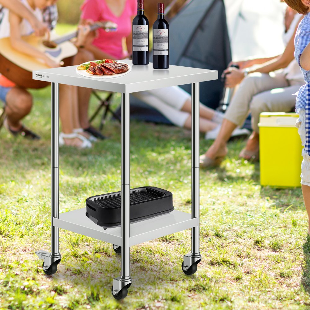 VEVOR Stainless Steel Work Table 24 x 24 x 38 Inch, 700 LBS Load Capacity with 4 Wheels, 3 Adjustable Height Levels