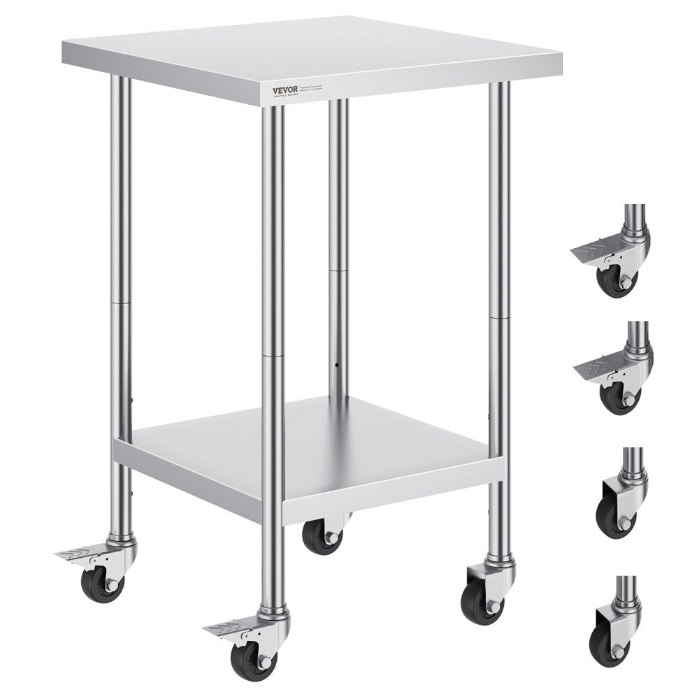 VEVOR Stainless Steel Work Table 24 x 24 x 38 Inch, 700 LBS Load Capacity with 4 Wheels, 3 Adjustable Height Levels