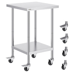 VEVOR Stainless Steel Work Table 24 x 24 x 38 Inch, 700 LBS Load Capacity with 4 Wheels, 3 Adjustable Height Levels