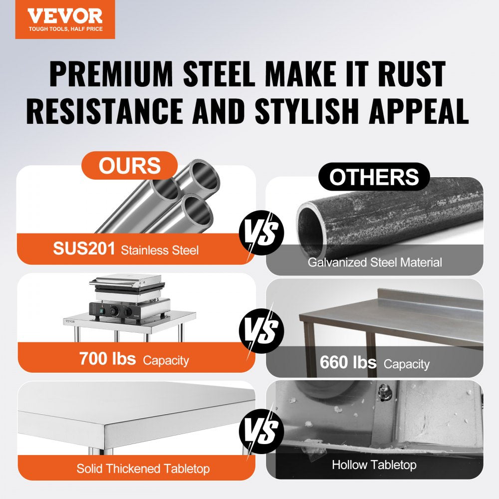 VEVOR Stainless Steel Prep Table, 24 x 24 x 34 Inch, 700 lbs Load Capacity, Heavy Duty Metal Worktable with 3