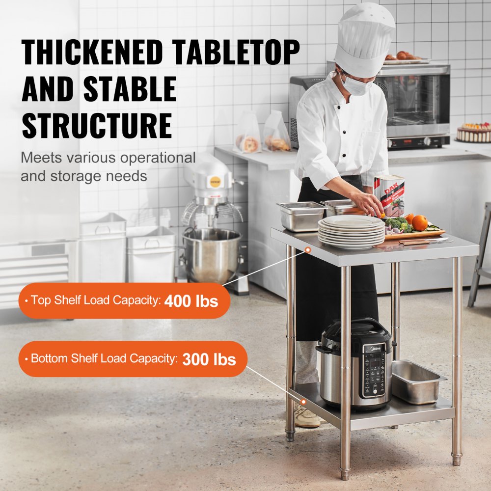 VEVOR Stainless Steel Prep Table, 24 x 24 x 34 Inch, 700 lbs Load Capacity, Heavy Duty Metal Worktable with 3