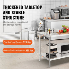 VEVOR Stainless Steel Prep Table, 30 x 60 x 34 Inch, 910 lbs Load Capacity, Heavy Duty Metal Worktable with 3