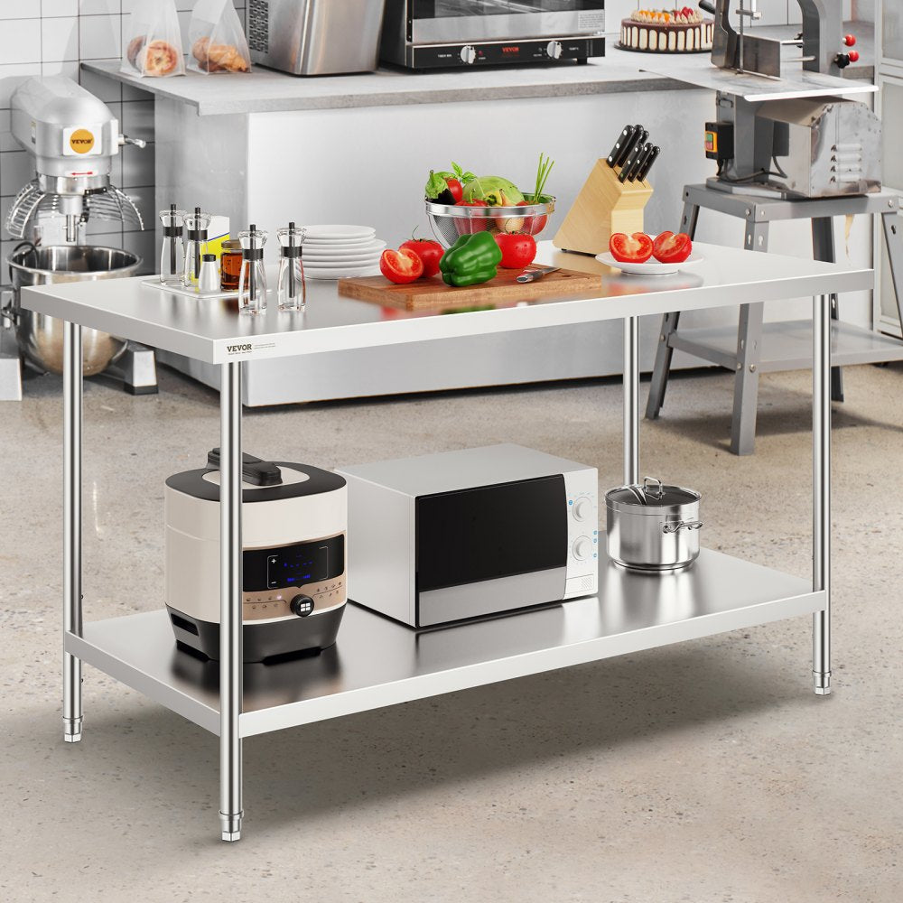 VEVOR Stainless Steel Prep Table, 30 x 60 x 34 Inch, 910 lbs Load Capacity, Heavy Duty Metal Worktable with 3