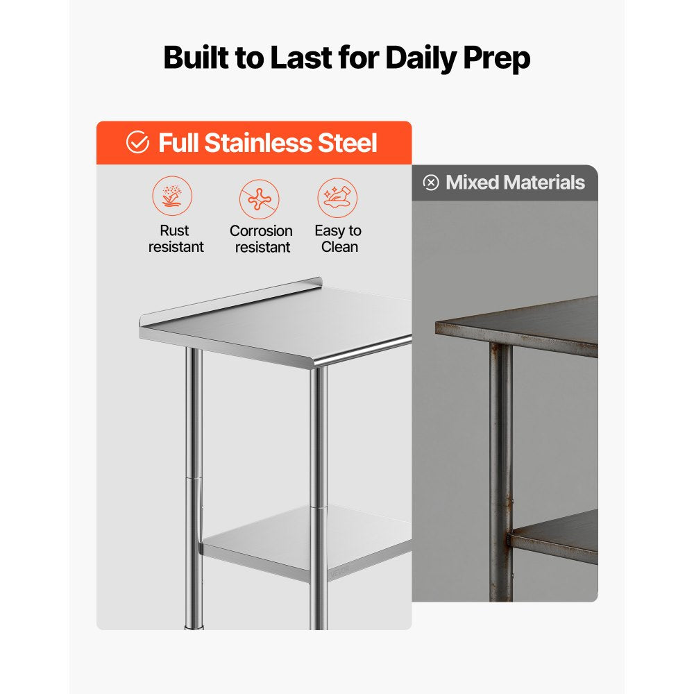 VEVOR Stainless Steel Work Table, 24x30 Inch Food Prep Table with Backsplash, Commercial Kitchen Workstation with