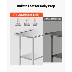 VEVOR Stainless Steel Work Table, 24x30 Inch Food Prep Table with Backsplash, Commercial Kitchen Workstation with