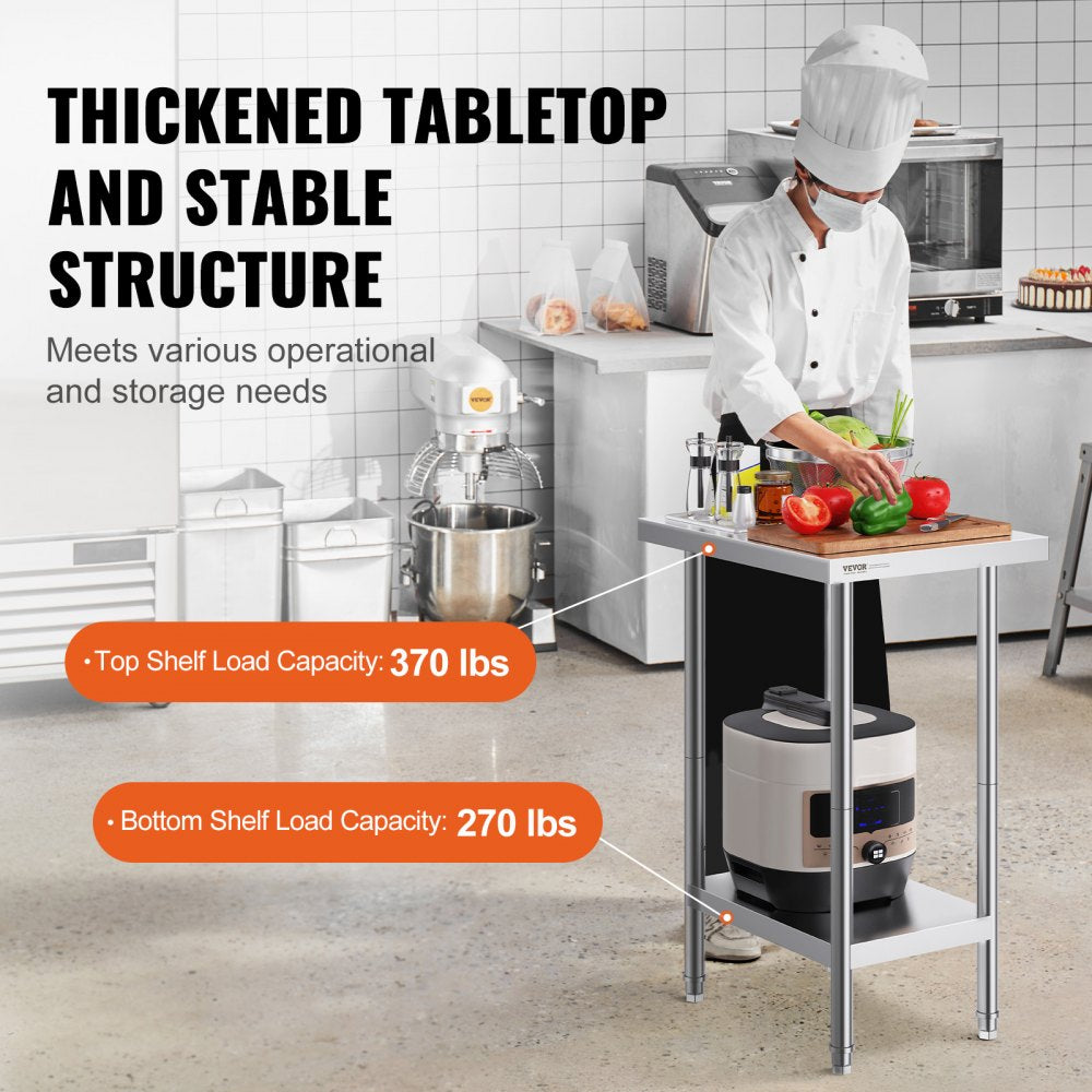 VEVOR Stainless Steel Prep Table, 24 x 18 x 34 Inch, 640 lbs Load Capacity, Heavy Duty Metal Worktable with 3