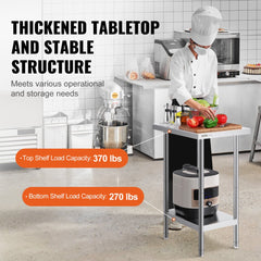 VEVOR Stainless Steel Prep Table, 24 x 18 x 34 Inch, 640 lbs Load Capacity, Heavy Duty Metal Worktable with 3