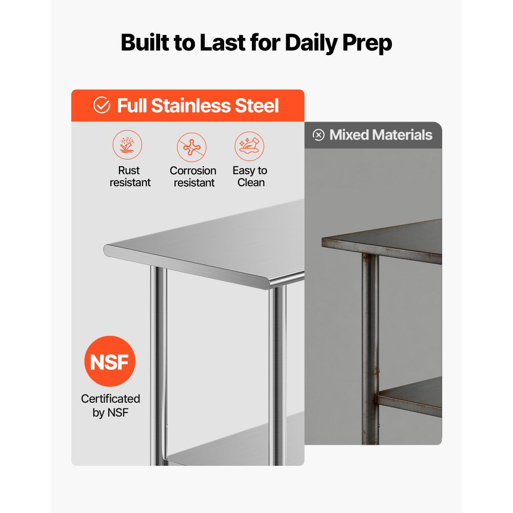 VEVOR Stainless Steel Work Table, 24x72 Inch Food Prep Table, Commercial Kitchen Workstation with Adjustable
