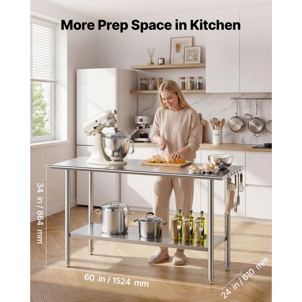 VEVOR Stainless Steel Work Table, 24x48 Inch Food Prep Table, Commercial Kitchen Workstation with Adjustable