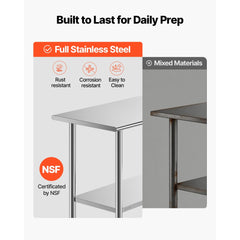 VEVOR Stainless Steel Work Table, 24x48 Inch Food Prep Table, Commercial Kitchen Workstation with Adjustable