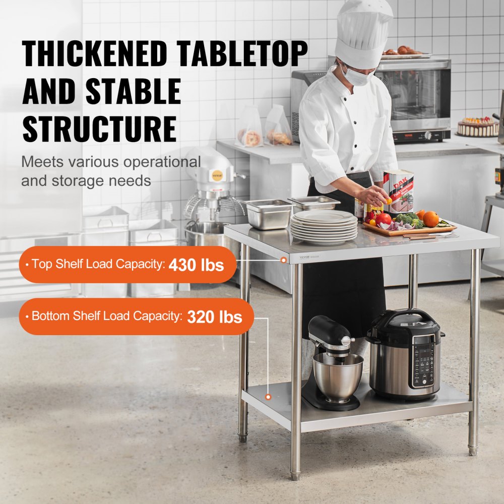 VEVOR Stainless Steel Prep Table, 24 x 36 x 34 Inch, 750 lbs Load Capacity, Heavy Duty Metal Worktable with 3