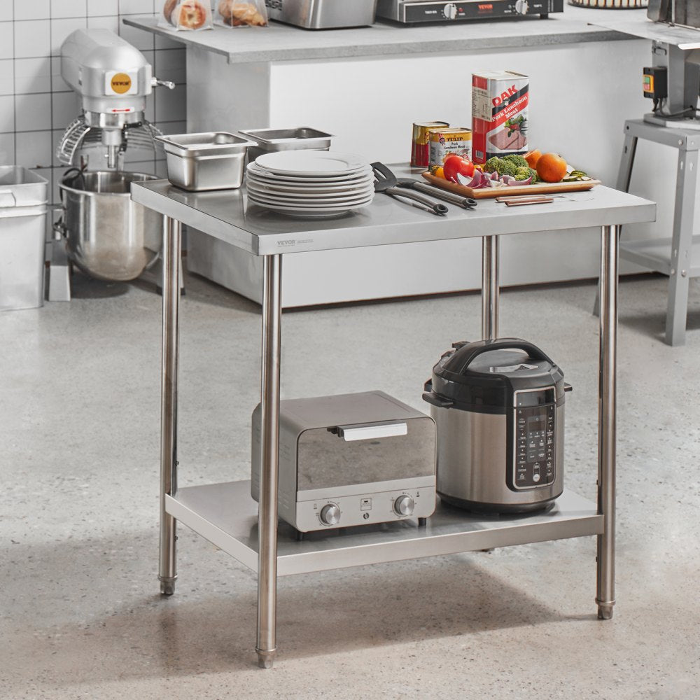 VEVOR Stainless Steel Prep Table, 24 x 36 x 34 Inch, 750 lbs Load Capacity, Heavy Duty Metal Worktable with 3