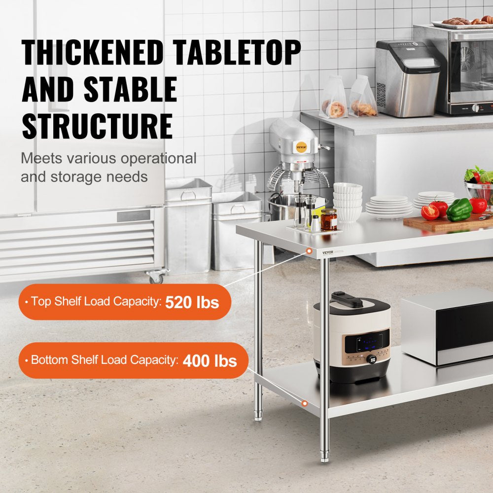 VEVOR Stainless Steel Prep Table, 30 x 72 x 34 Inch, 920 lbs Load Capacity, Heavy Duty Metal Worktable with 3