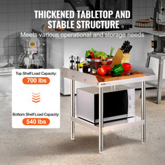 VEVOR Stainless Steel Work Table, 24 x 24 x 26 Inch Commercial Food Prep Worktable, 3-Sided Backsplash Heavy Duty Prep