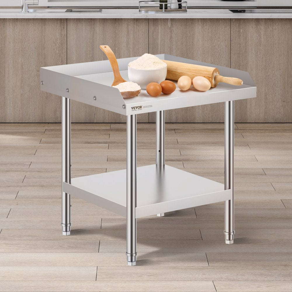 VEVOR Stainless Steel Work Table, 24 x 24 x 26 Inch Commercial Food Prep Worktable, 3-Sided Backsplash Heavy Duty Prep