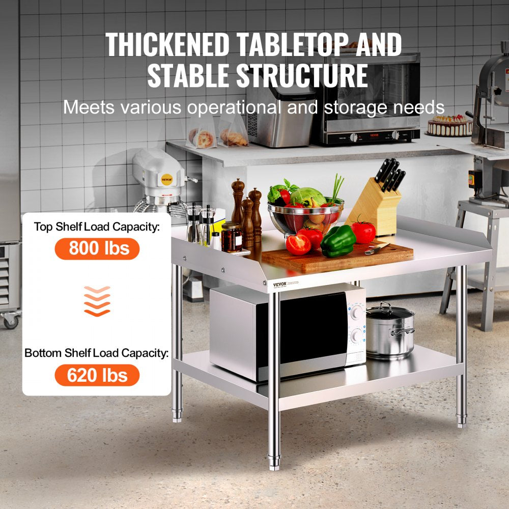 VEVOR Stainless Steel Work Table, 30 x 36 x 26 Inch Commercial Food Prep Worktable, 3-Sided Backsplash Heavy Duty Prep