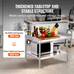 VEVOR Stainless Steel Work Table, 30 x 36 x 26 Inch Commercial Food Prep Worktable, 3-Sided Backsplash Heavy Duty Prep