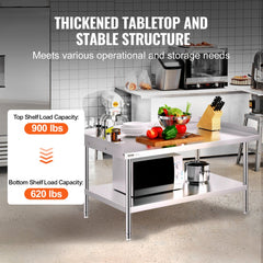 VEVOR Stainless Steel Work Table, 30 x 48 x 26 Inch Commercial Food Prep Worktable, 3-Sided Backsplash Heavy Duty Prep