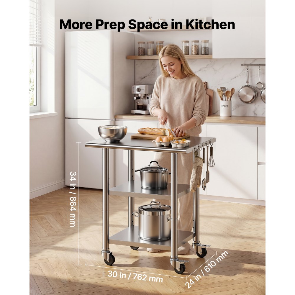 VEVOR Stainless Steel Work Table, 24x30 Inch Food Prep Table with 2 Shelves and Wheels, Commercial Kitchen Workstation